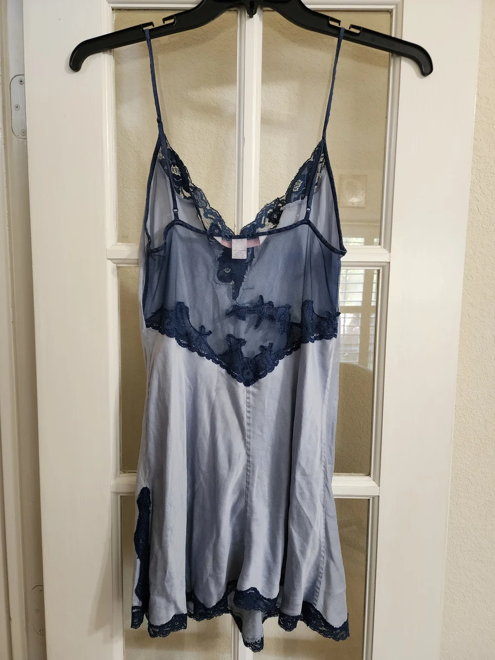 Vintage Victoria's Secret 100% Silk Blue Lace Chemise Slip Nightgown M READ DESC